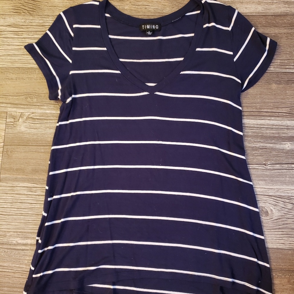 TIMING Navy Blue and White striped V-neck